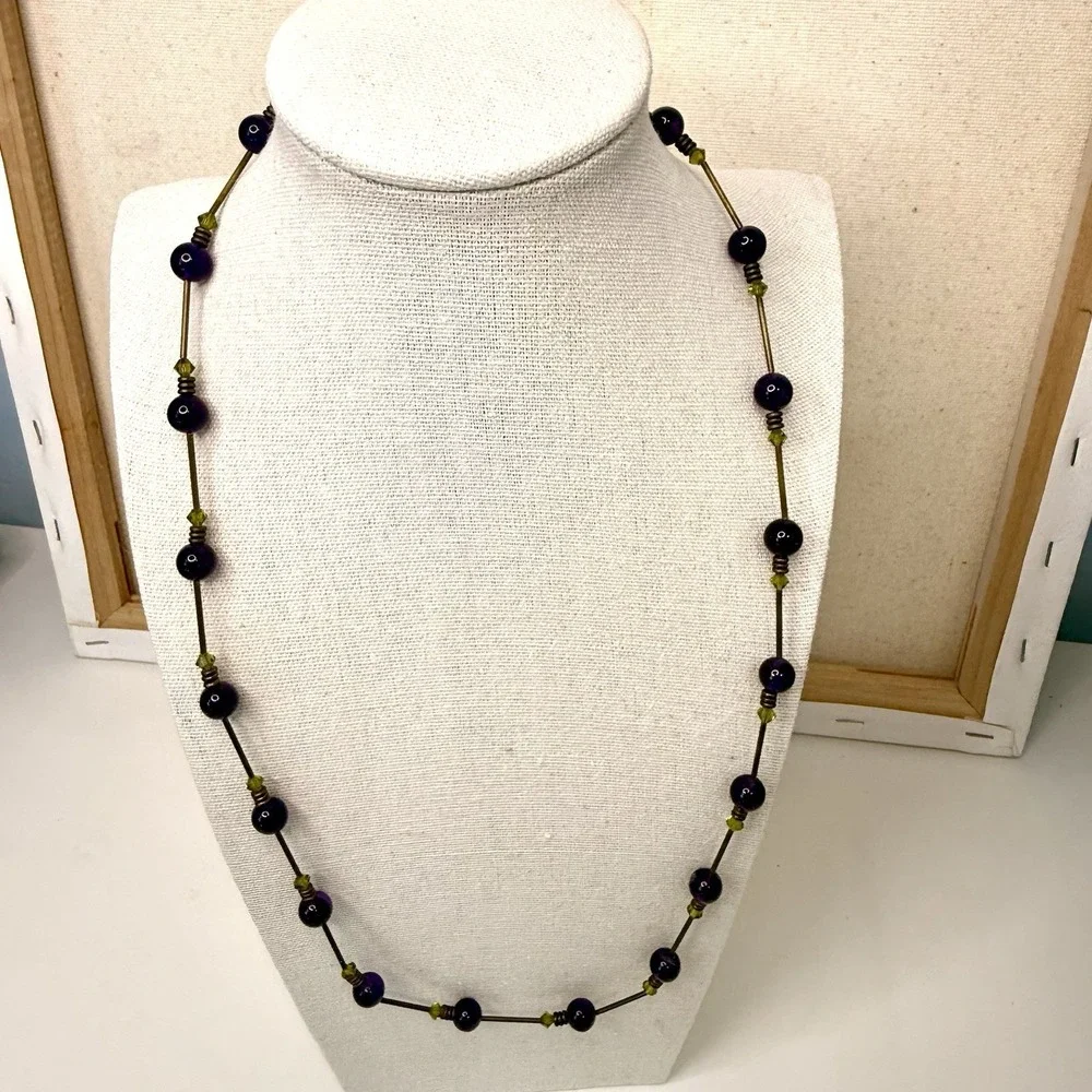 Vtg Amethyst Beaded Necklace Brass Tone Green Crystal Accent Boho Chic Fairy 23